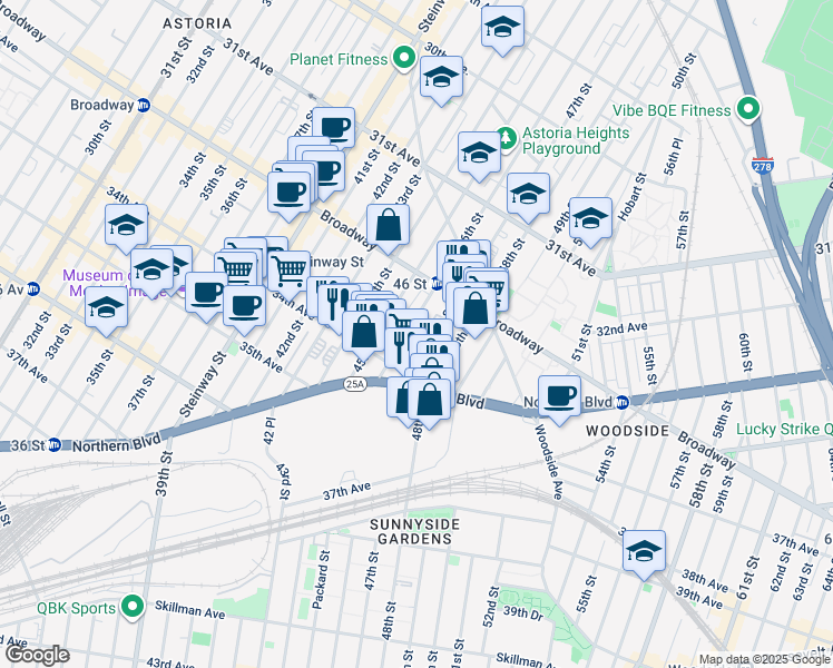 map of restaurants, bars, coffee shops, grocery stores, and more near 32-69 46th Street in Queens