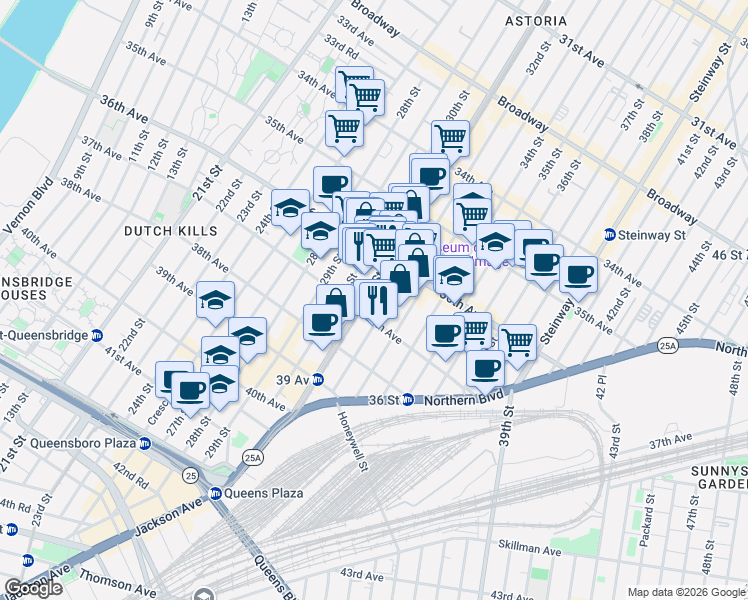 map of restaurants, bars, coffee shops, grocery stores, and more near 31-07 37th Avenue in Queens