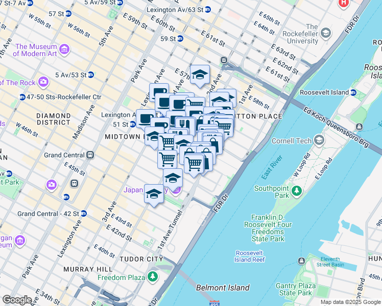 map of restaurants, bars, coffee shops, grocery stores, and more near 335 East 51st Street in New York