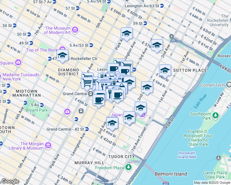 map of restaurants, bars, coffee shops, grocery stores, and more near 525 Lexington Avenue in New York