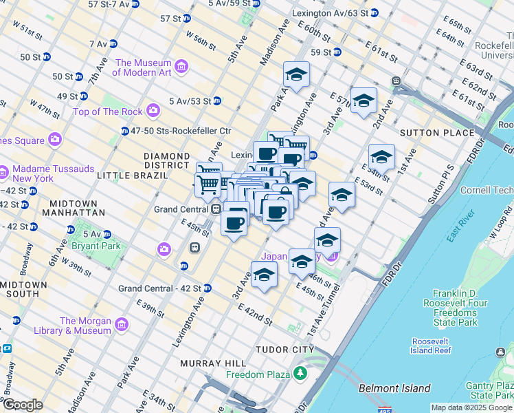 map of restaurants, bars, coffee shops, grocery stores, and more near 525 Lexington Avenue in New York