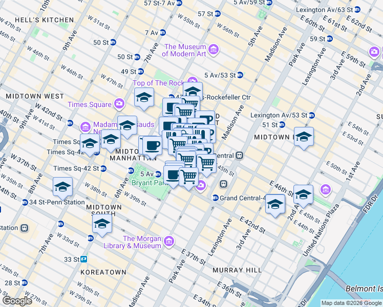 map of restaurants, bars, coffee shops, grocery stores, and more near 4039 Queens Midtown Expressway in Queens