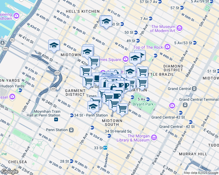 map of restaurants, bars, coffee shops, grocery stores, and more near 1441 Broadway in New York
