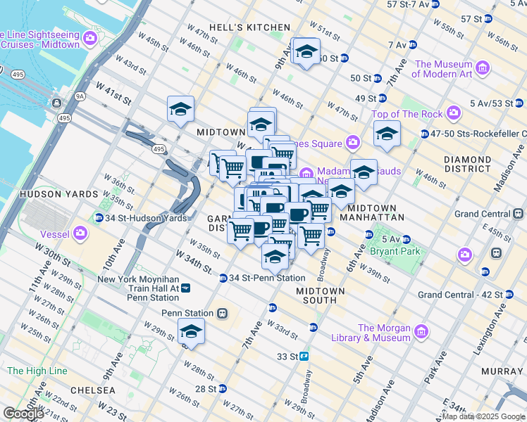 map of restaurants, bars, coffee shops, grocery stores, and more near 250 West 39th Street in New York