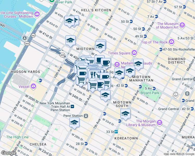 map of restaurants, bars, coffee shops, grocery stores, and more near 325 West 38th Street in New York