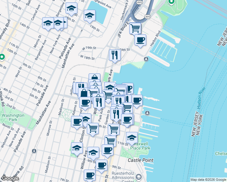 map of restaurants, bars, coffee shops, grocery stores, and more near 1501 Park Avenue in Hoboken