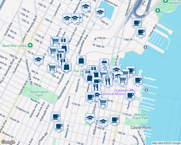 map of restaurants, bars, coffee shops, grocery stores, and more near 1412 Adams Street in Hoboken