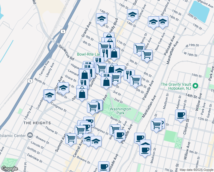 map of restaurants, bars, coffee shops, grocery stores, and more near in Jersey City