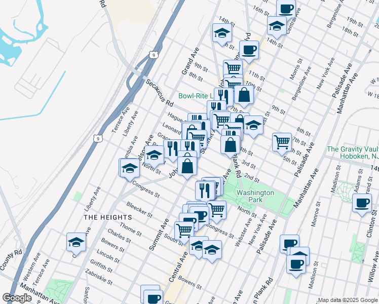 map of restaurants, bars, coffee shops, grocery stores, and more near 3664 John F. Kennedy Boulevard in Jersey City