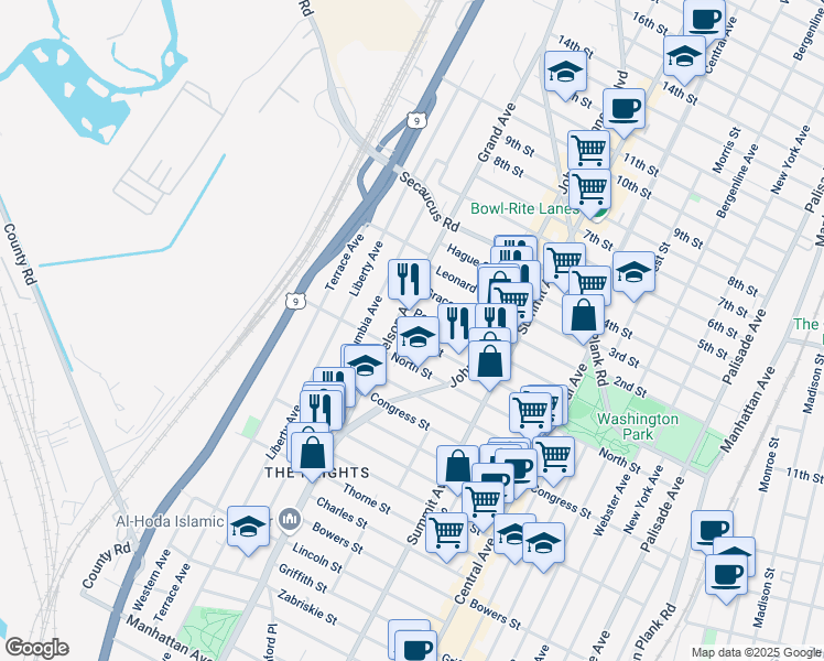 map of restaurants, bars, coffee shops, grocery stores, and more near 139-141 Poplar Street in Jersey City