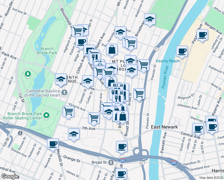map of restaurants, bars, coffee shops, grocery stores, and more near 45 Bloomfield Avenue in Newark