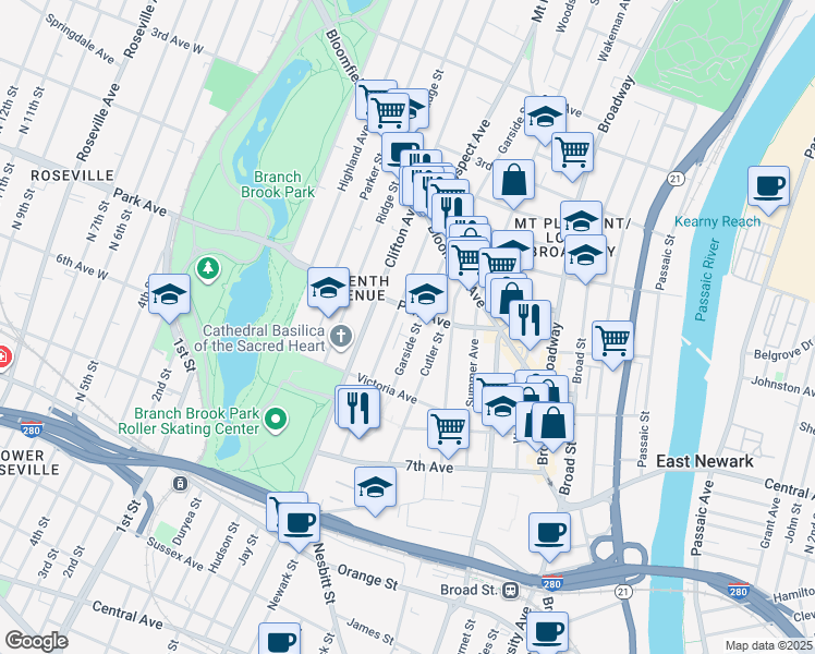 map of restaurants, bars, coffee shops, grocery stores, and more near 109 Mount Prospect Avenue in Newark