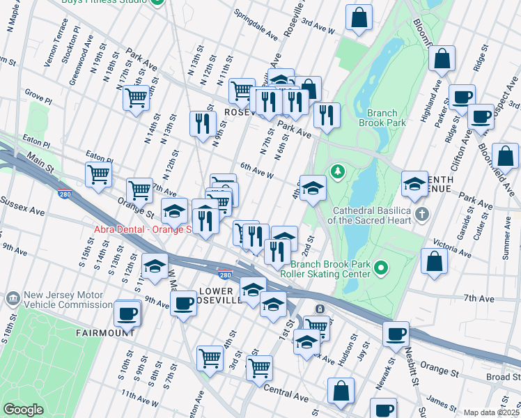 map of restaurants, bars, coffee shops, grocery stores, and more near 191 North 6th Street in Newark
