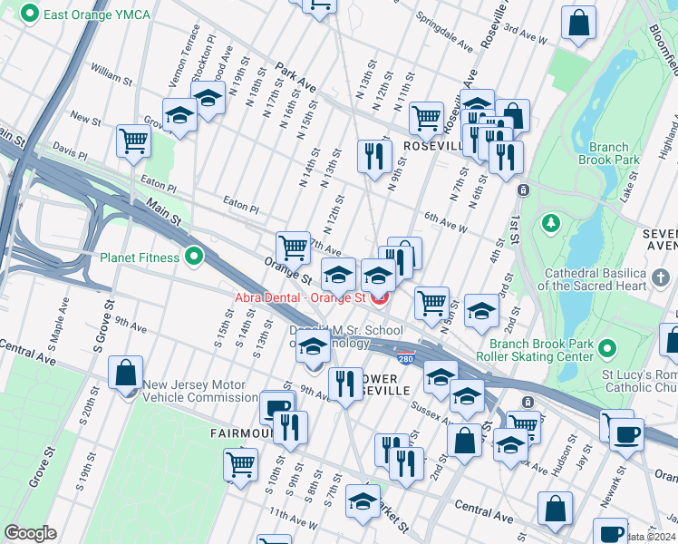 map of restaurants, bars, coffee shops, grocery stores, and more near 7 North 11th Street in Newark