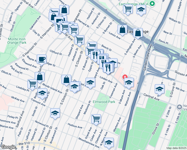 map of restaurants, bars, coffee shops, grocery stores, and more near 127 Shepard Avenue in East Orange