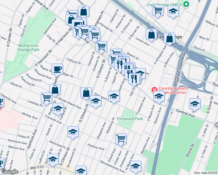 map of restaurants, bars, coffee shops, grocery stores, and more near 71 Eppirt Street in East Orange