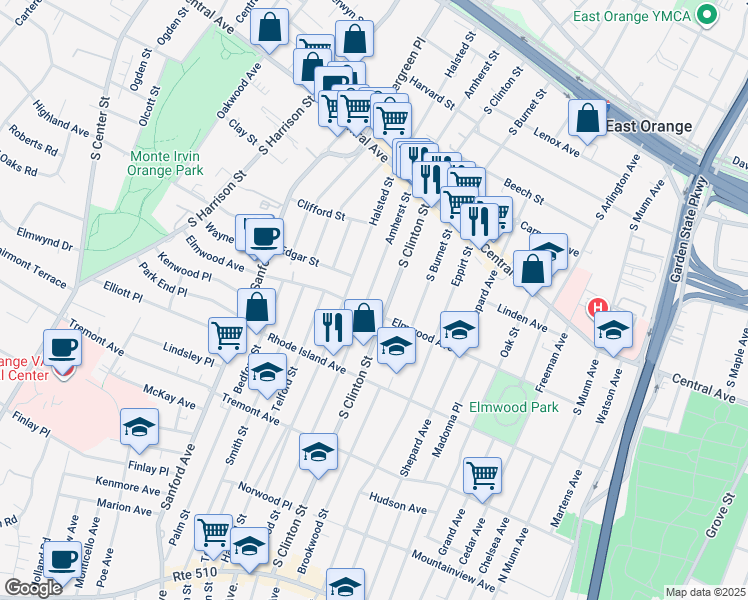 map of restaurants, bars, coffee shops, grocery stores, and more near 218 Elmwood Avenue in East Orange