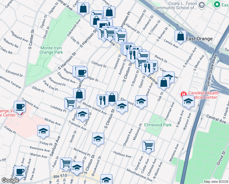 map of restaurants, bars, coffee shops, grocery stores, and more near 218 Elmwood Avenue in East Orange