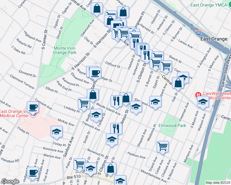 map of restaurants, bars, coffee shops, grocery stores, and more near 361 Halsted Street in East Orange