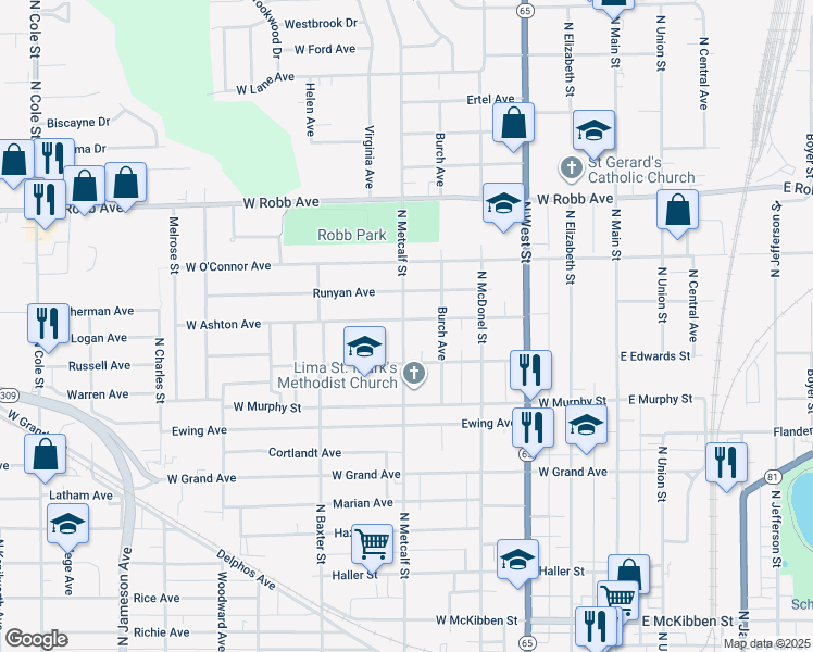 map of restaurants, bars, coffee shops, grocery stores, and more near 1287 North Metcalf Street in Lima