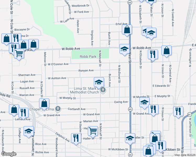 map of restaurants, bars, coffee shops, grocery stores, and more near 1287 North Metcalf Street in Lima