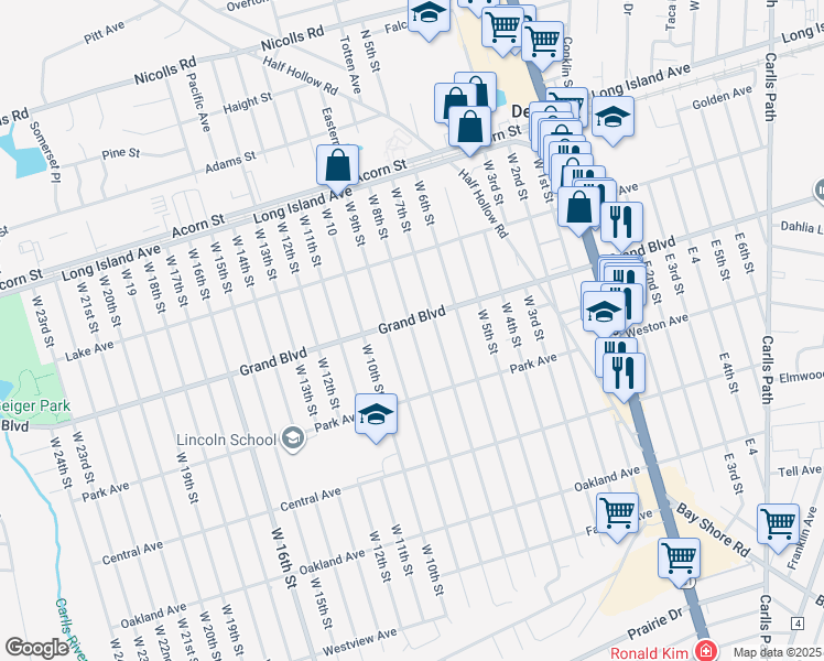 map of restaurants, bars, coffee shops, grocery stores, and more near 118 West 8th Street in Deer Park