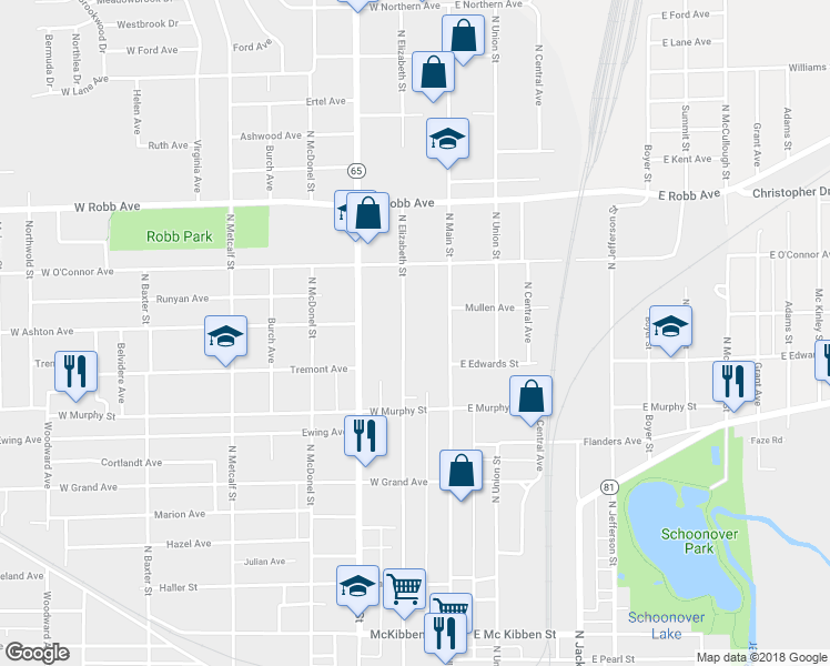 map of restaurants, bars, coffee shops, grocery stores, and more near 958 North Elizabeth Street in Lima