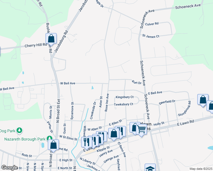 map of restaurants, bars, coffee shops, grocery stores, and more near 104 West Beil Avenue in Nazareth