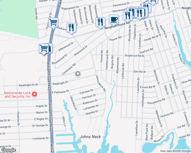 map of restaurants, bars, coffee shops, grocery stores, and more near 40 Johns Neck Road in Shirley