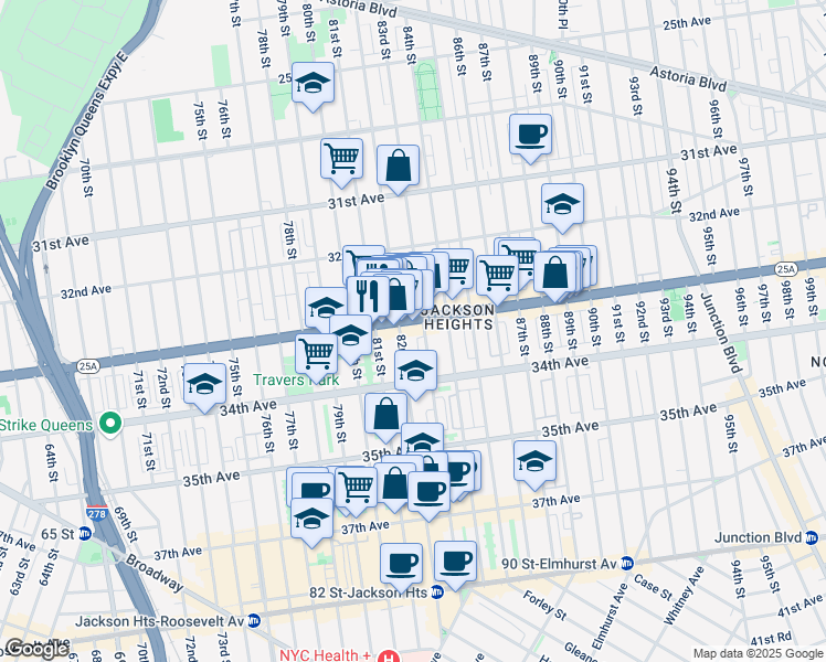 map of restaurants, bars, coffee shops, grocery stores, and more near 33-16 82nd Street in Queens