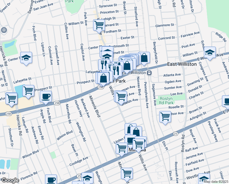 map of restaurants, bars, coffee shops, grocery stores, and more near 432 Willis Avenue in Mineola