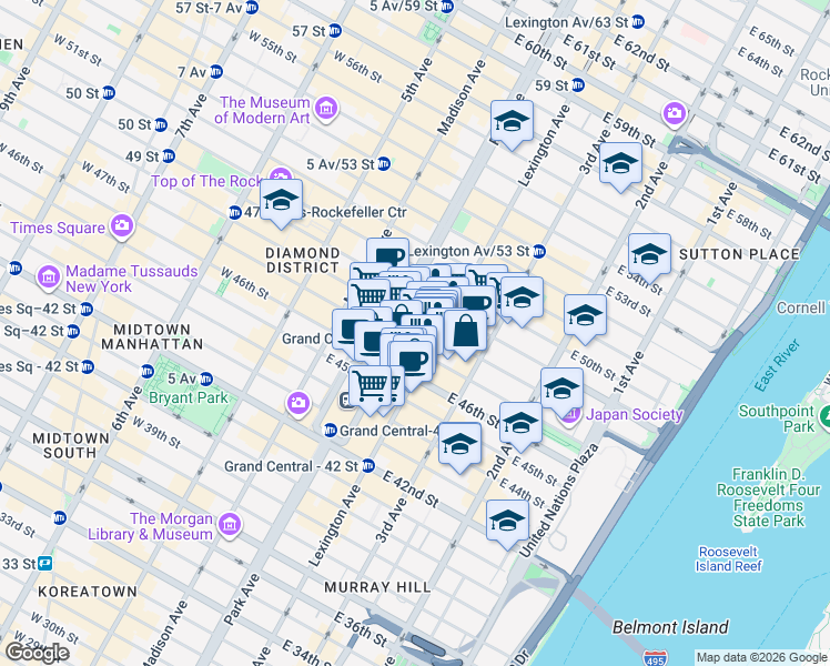 map of restaurants, bars, coffee shops, grocery stores, and more near in New York