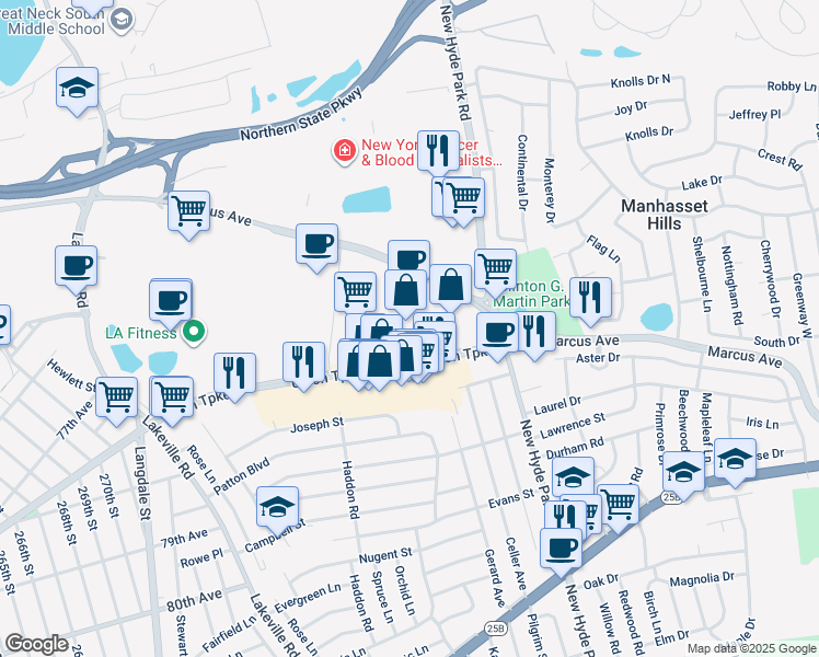 map of restaurants, bars, coffee shops, grocery stores, and more near 1321 Union Turnpike in North New Hyde Park