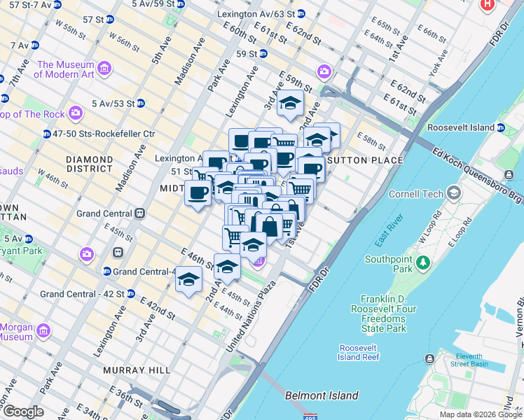 map of restaurants, bars, coffee shops, grocery stores, and more near 249 East 48th Street in New York