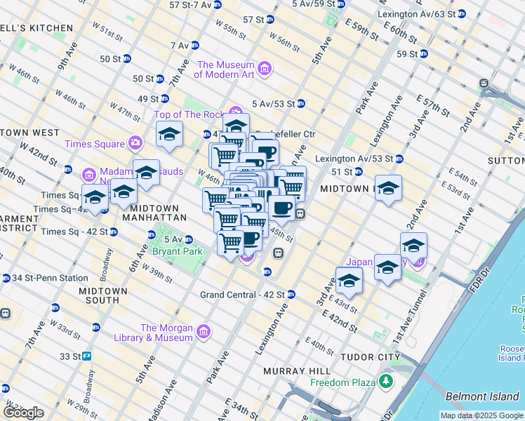 map of restaurants, bars, coffee shops, grocery stores, and more near 551 5th Avenue in New York