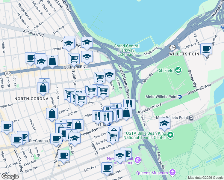 map of restaurants, bars, coffee shops, grocery stores, and more near 36 113th Street in Queens