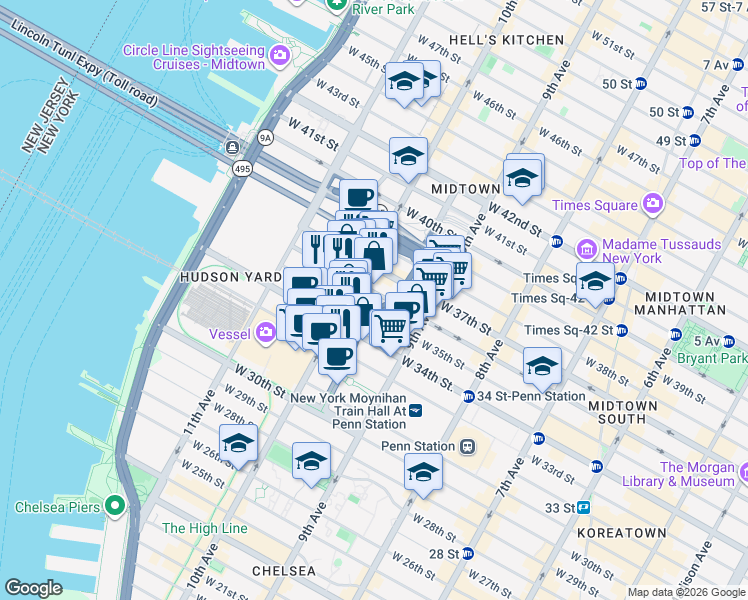map of restaurants, bars, coffee shops, grocery stores, and more near 446 West 36th Street in New York