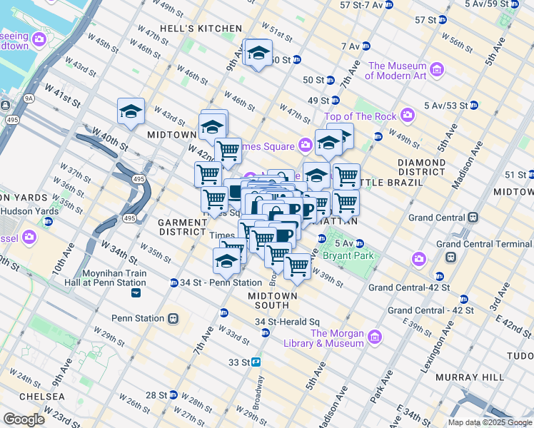 map of restaurants, bars, coffee shops, grocery stores, and more near 1441 Broadway in New York