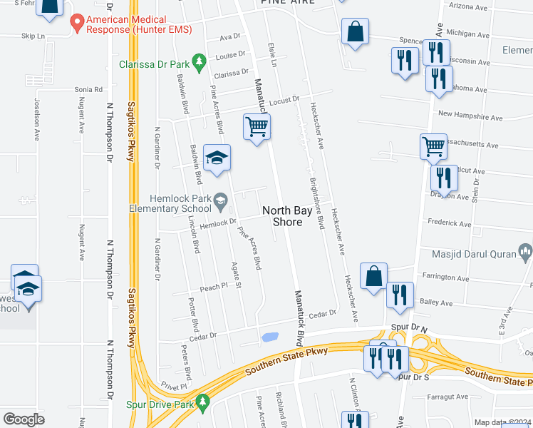 map of restaurants, bars, coffee shops, grocery stores, and more near 7 Hemlock Drive in Bay Shore