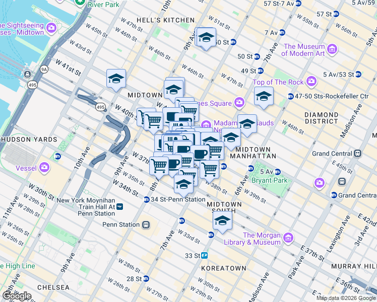 map of restaurants, bars, coffee shops, grocery stores, and more near 256 West 39th Street in New York