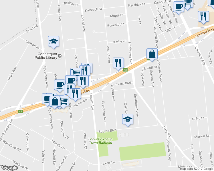 map of restaurants, bars, coffee shops, grocery stores, and more near 4720 Sunrise Highway South Service Road in Bohemia