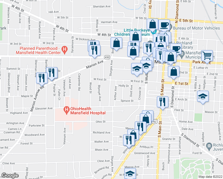 map of restaurants, bars, coffee shops, grocery stores, and more near 127 Sturges Avenue in Mansfield