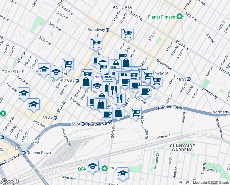 map of restaurants, bars, coffee shops, grocery stores, and more near 35-28 37th Street in Queens