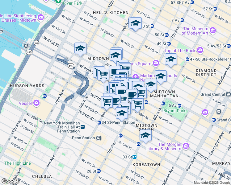 map of restaurants, bars, coffee shops, grocery stores, and more near West 39th Street in New York