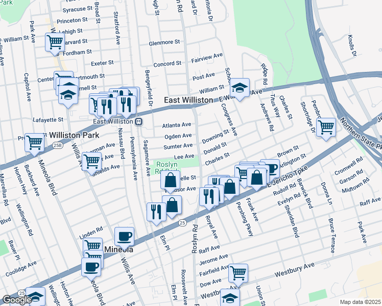 map of restaurants, bars, coffee shops, grocery stores, and more near 49 Lee Avenue in East Williston