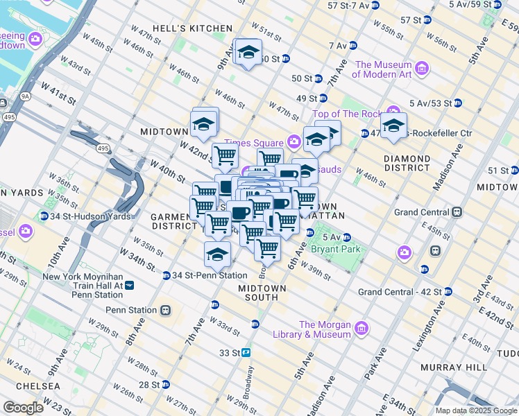 map of restaurants, bars, coffee shops, grocery stores, and more near 1441 Broadway in New York