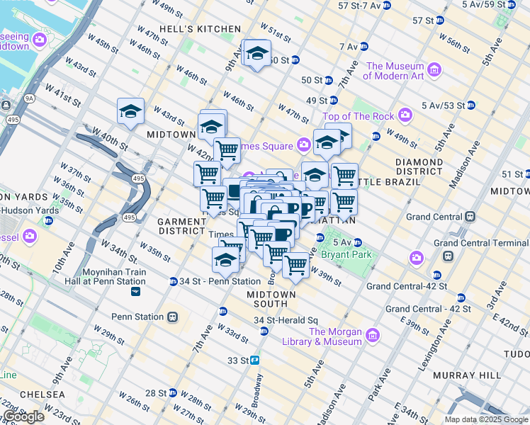 map of restaurants, bars, coffee shops, grocery stores, and more near 200 West 41st Street in New York
