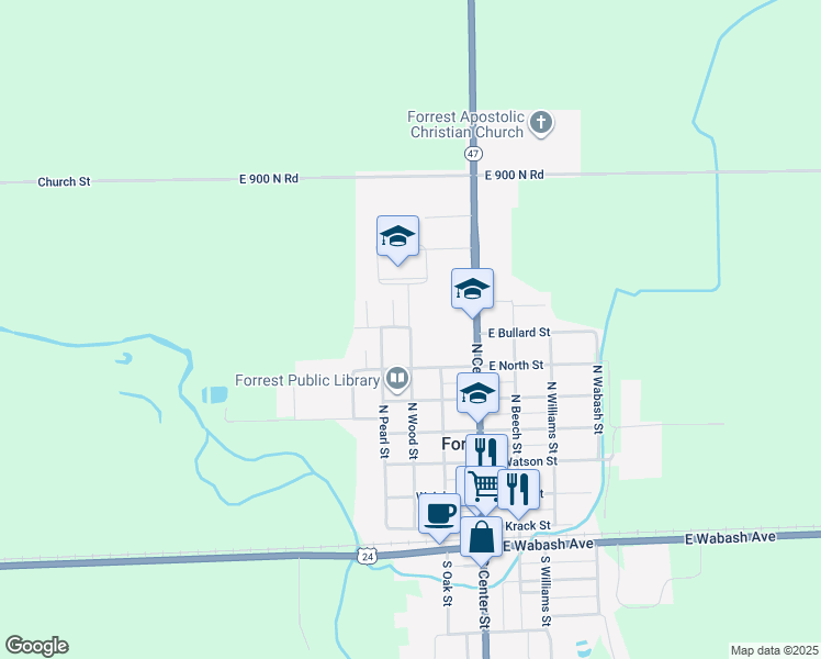 map of restaurants, bars, coffee shops, grocery stores, and more near 800 North Wood Street in Forrest