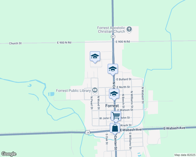 map of restaurants, bars, coffee shops, grocery stores, and more near 800 North Wood Street in Forrest