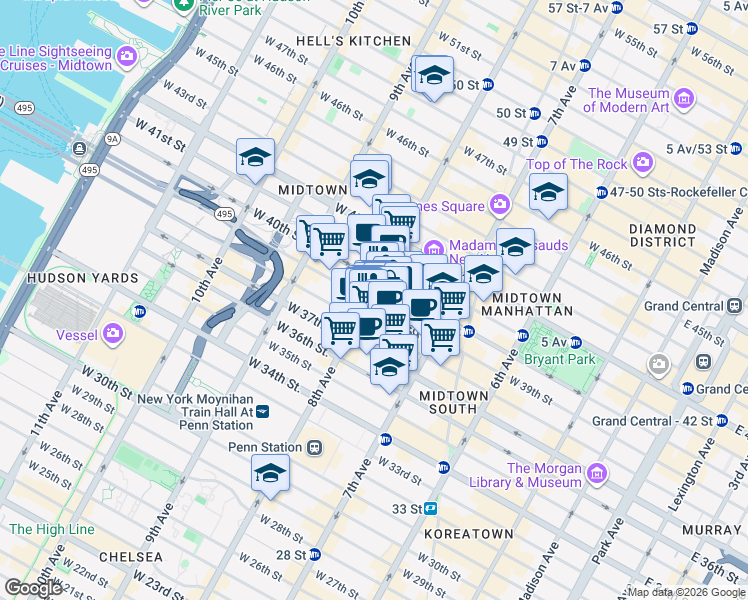 map of restaurants, bars, coffee shops, grocery stores, and more near 275 West 39th Street in New York